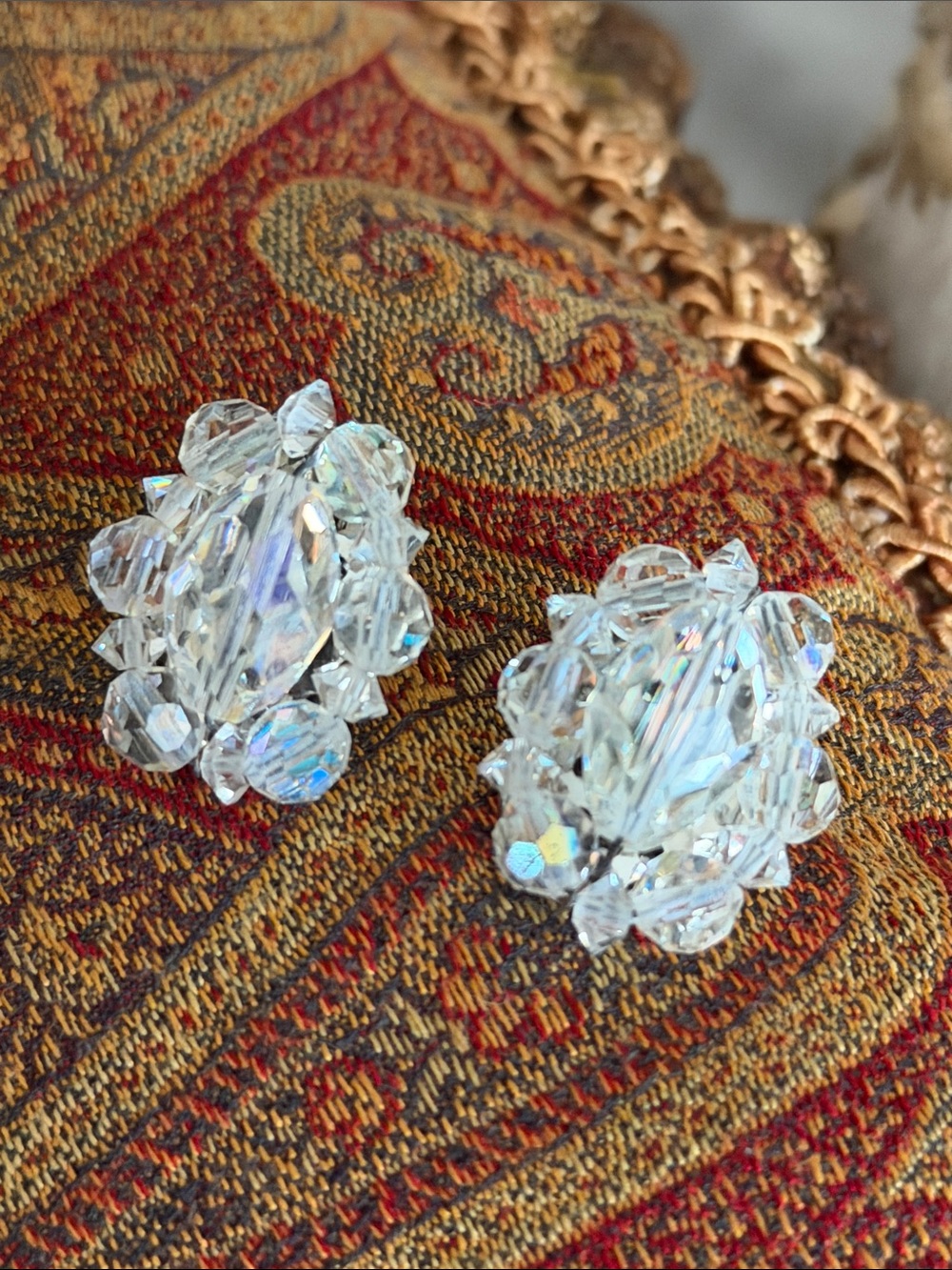 Vintage Crystal Cluster Clip-On Earrings aurora borealis flash oval shaped